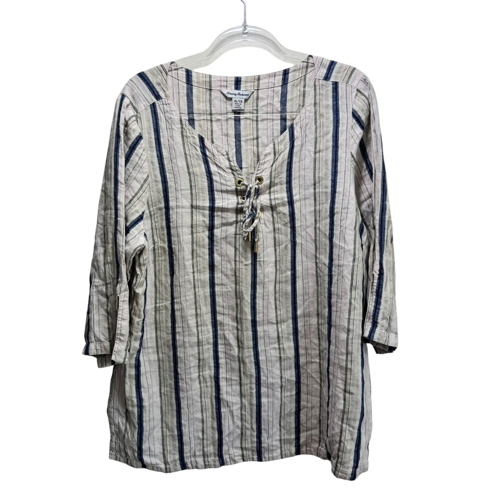 Tommy Bahama Linen Blend Striped Resort Nautical Tunic Top Womens XL Ecru Blue